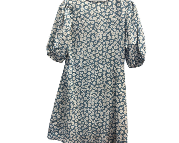 Entro Womens Blue White Floral Print Button Front Puff Sleeve Dress S