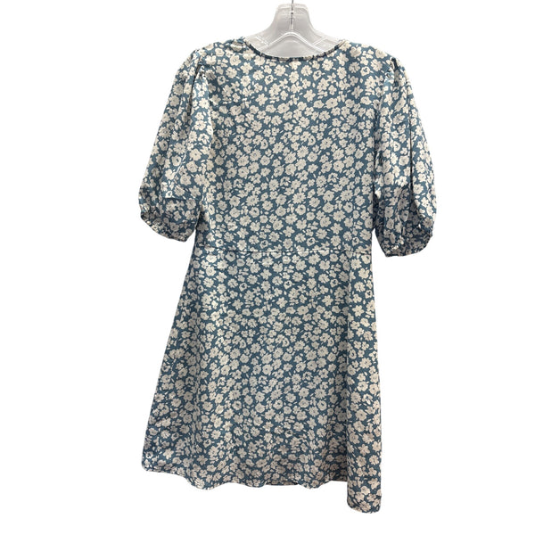 Entro Womens Blue White Floral Print Button Front Puff Sleeve Dress S