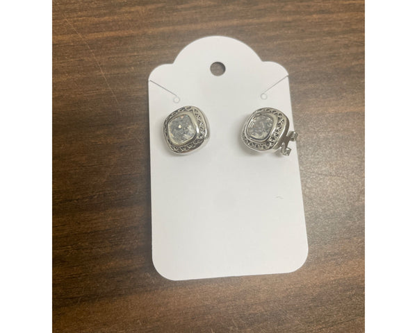 Silver-Toned Clip-On Earrings With Square Rhinestones On White Card