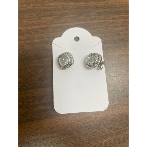 Silver-Toned Clip-On Earrings With Square Rhinestones On White Card
