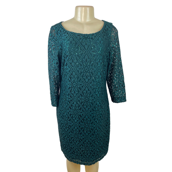 Jessica Howard Teal Sequin Lace Sheath Dress Scoop Neck 3/4 Sleeve Size 16