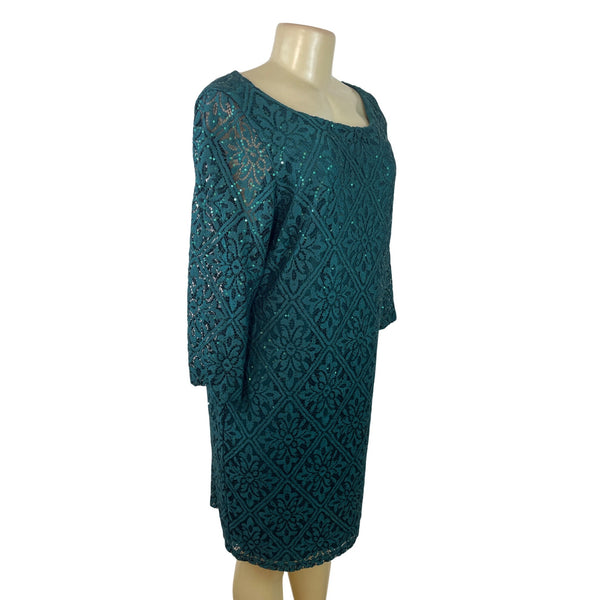 Jessica Howard Teal Sequin Lace Sheath Dress Scoop Neck 3/4 Sleeve Size 16
