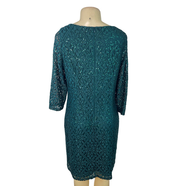 Jessica Howard Teal Sequin Lace Sheath Dress Scoop Neck 3/4 Sleeve Size 16