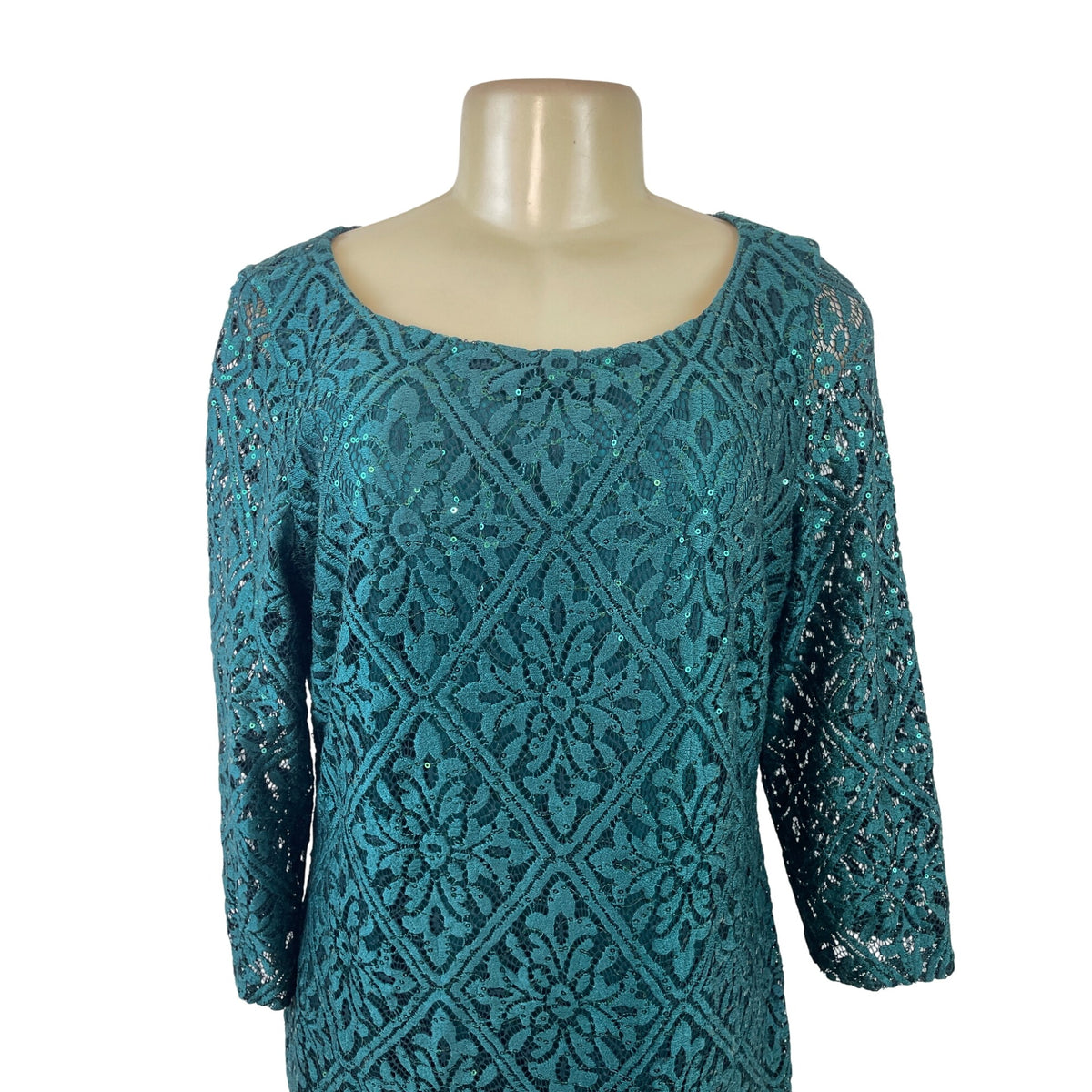 Jessica Howard Teal Sequin Lace Sheath Dress Scoop Neck 3/4 Sleeve Size 16