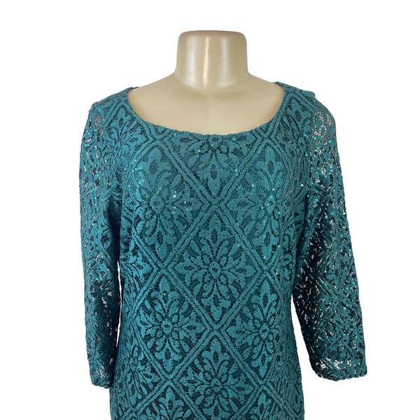 Jessica Howard Teal Sequin Lace Sheath Dress Scoop Neck 3/4 Sleeve Size 16