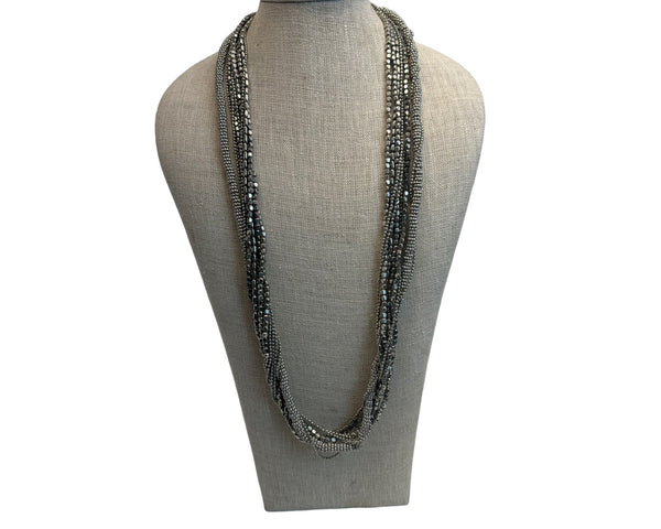 Vintage Multi Strand Metal Beads Silver Tone Chain Necklace - 37in