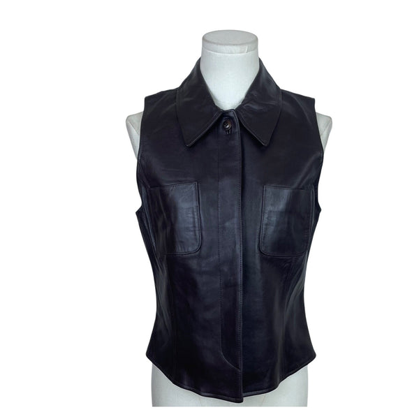 Studio Mens Dark Brown Leather Vest Button Closure Two Front Pockets Size S