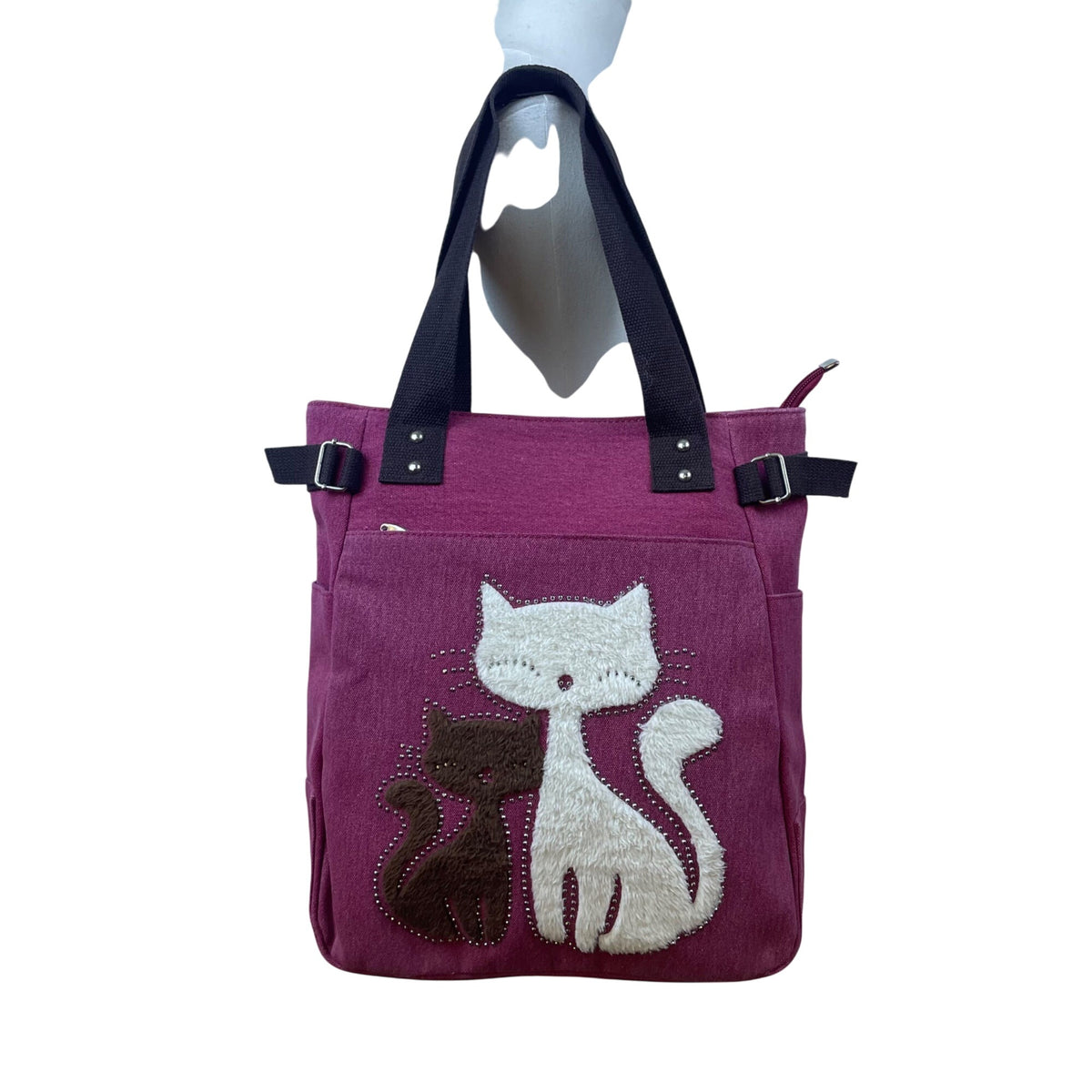 Kaukko Women’s Purple Canvas With Cat Design & Side Adjustable Straps Tote Bag