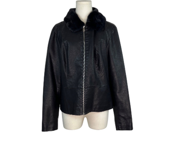 Baccini Black Faux Leather Jacket W Faux Fur Collar & Zippered Sleeves Women Size L