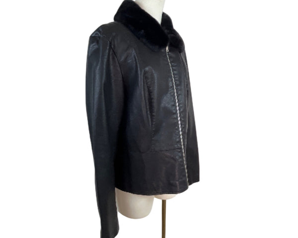 Baccini Black Faux Leather Jacket W Faux Fur Collar & Zippered Sleeves Women Size L