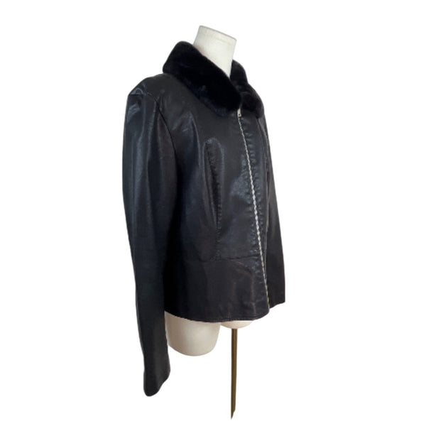 Baccini Black Faux Leather Jacket W Faux Fur Collar & Zippered Sleeves Women Size L