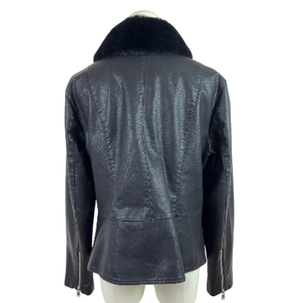 Baccini Black Faux Leather Jacket W Faux Fur Collar & Zippered Sleeves Women Size L