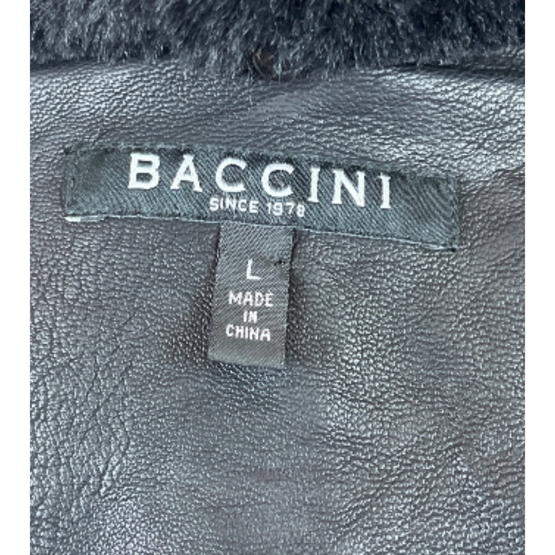 Baccini Black Faux Leather Jacket W Faux Fur Collar & Zippered Sleeves Women Size L