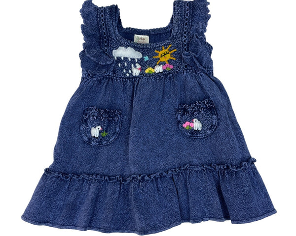 Arte Alania Handmade Baby Denim Dress Embroidered Sun Rain & Bunny Art Size 0