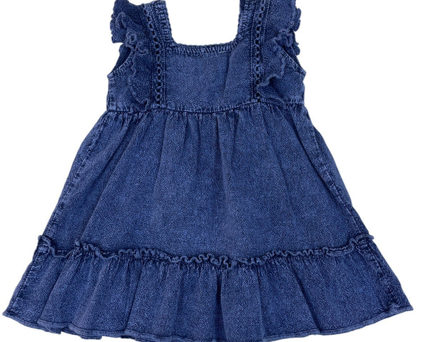 Arte Alania Handmade Baby Denim Dress Embroidered Sun Rain & Bunny Art Size 0
