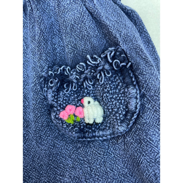 Arte Alania Handmade Baby Denim Dress Embroidered Sun Rain & Bunny Art Size 0