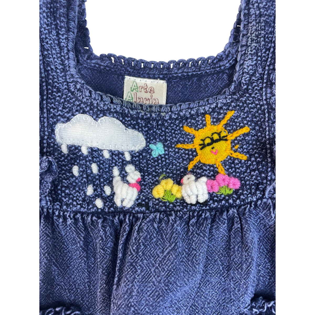 Arte Alania Handmade Baby Denim Dress Embroidered Sun Rain & Bunny Art Size 0