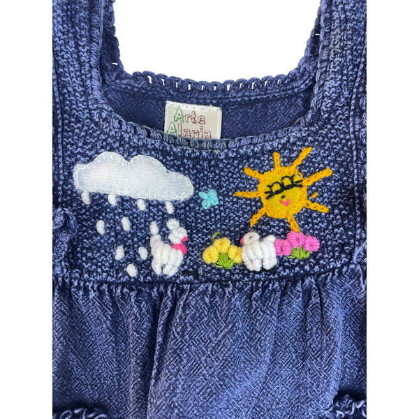 Arte Alania Handmade Baby Denim Dress Embroidered Sun Rain & Bunny Art Size 0