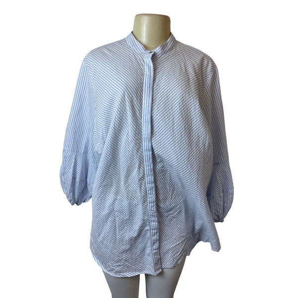 Lauren Ralph Lauren Sz 2X Striped Button-Up Collarless Long Sleeve Women Shirt