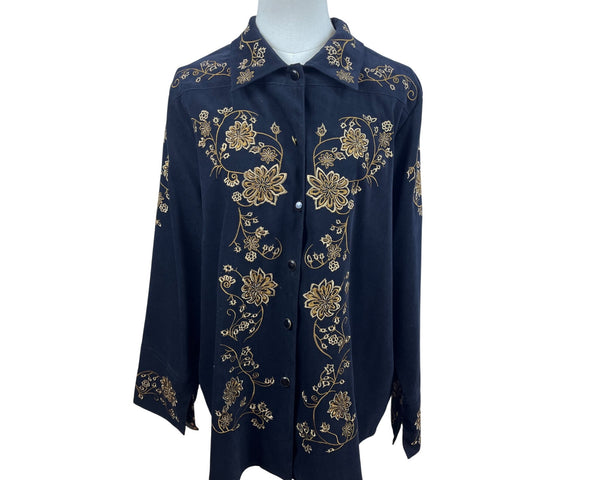 Vintage Victoria Costa Occasion Women's Black Floral Button-Up Shirt Sz L