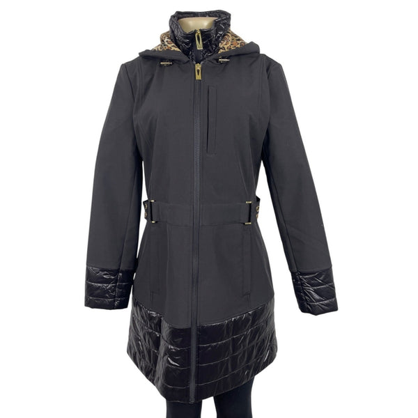 Via Spiga Black Quilted Hooded Coat With Golden Detail & Leopard Lining Szize S