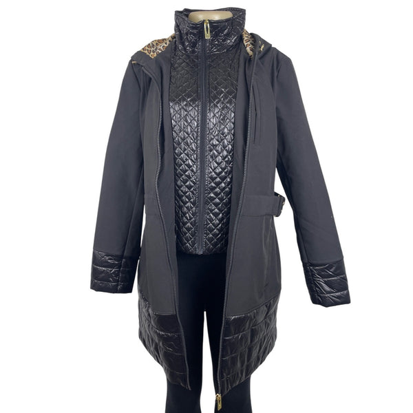 Via Spiga Black Quilted Hooded Coat With Golden Detail & Leopard Lining Szize S