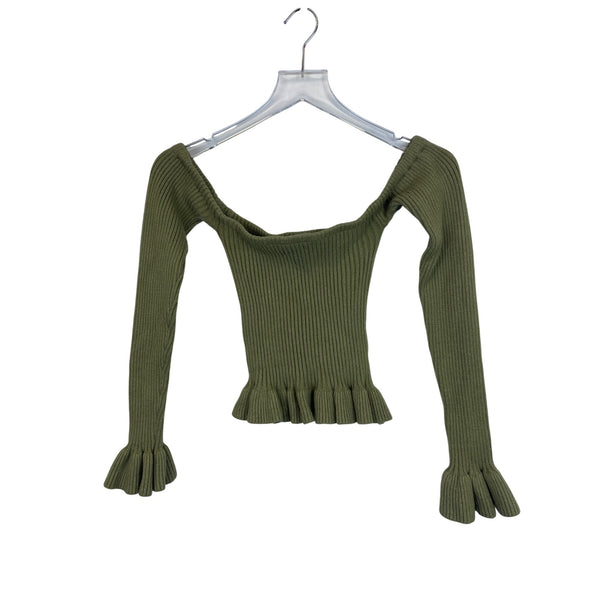 Shein Womens Olive Green Ribbed Off-Shoulder Sweater With Ruffle Hem & Sleeves Size L