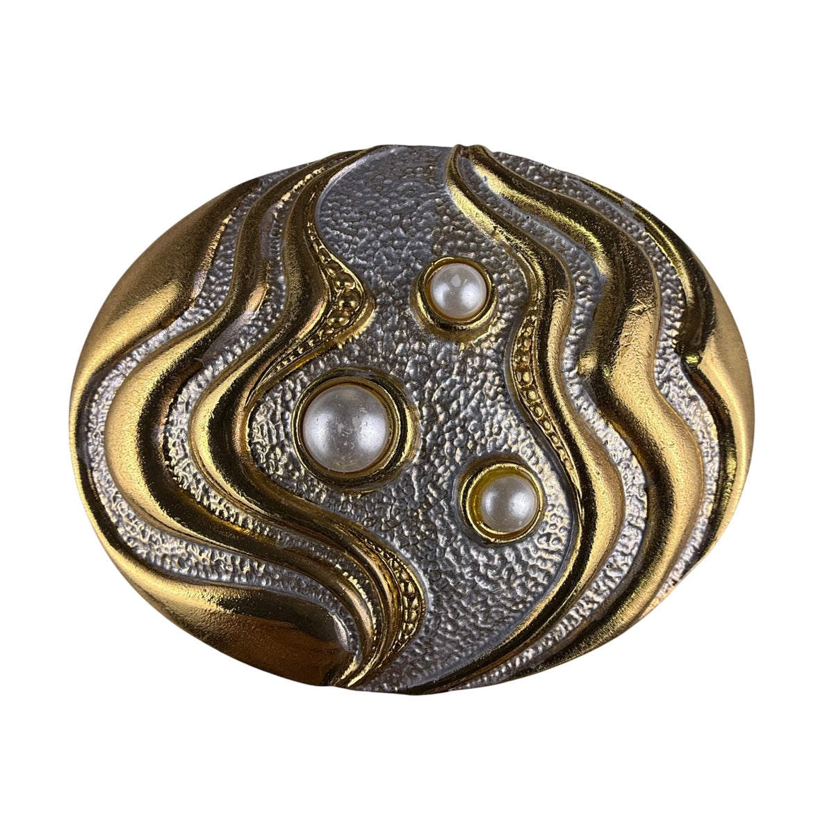 Vintage HR Gold & Silver Oval Belt Buckle With Pearl Accents