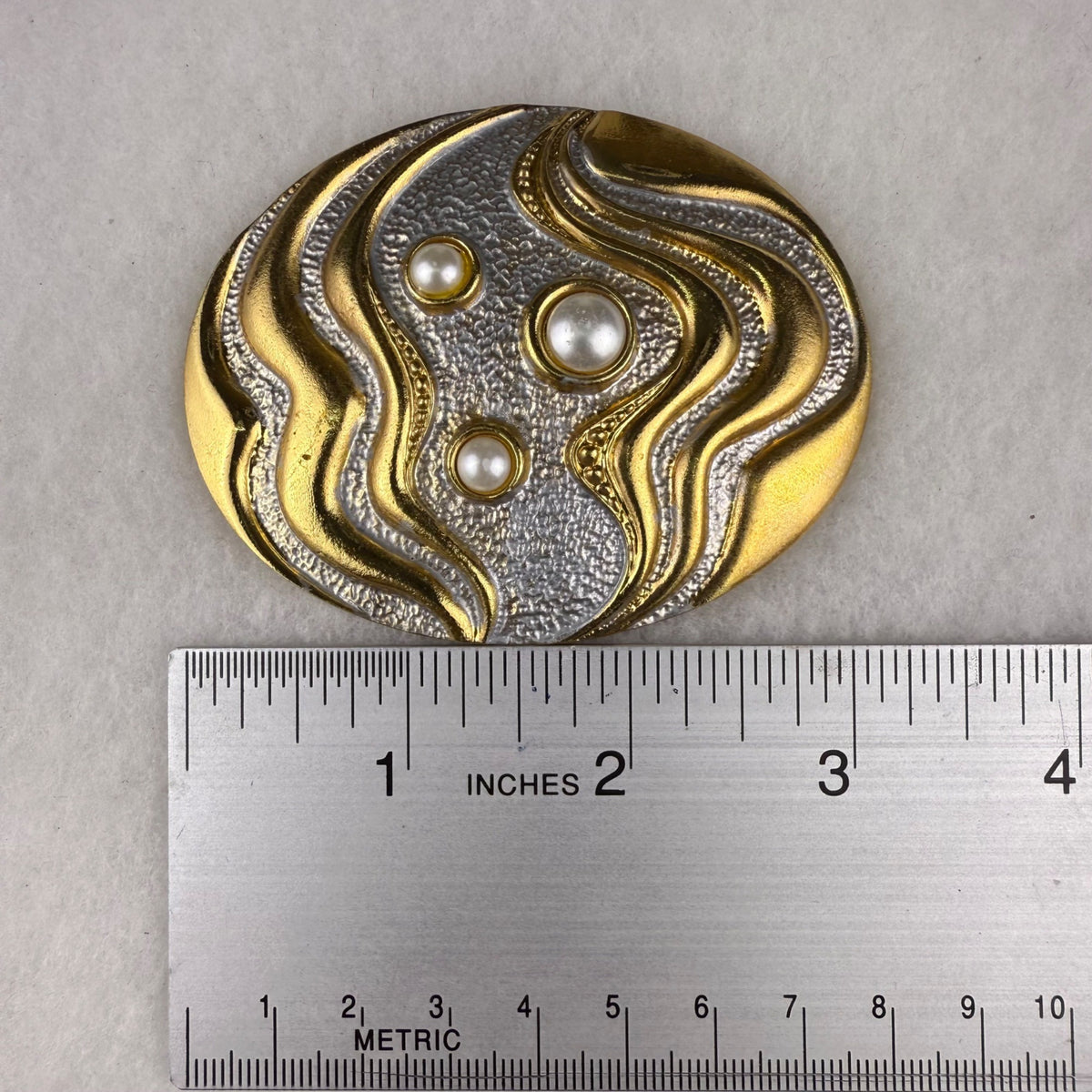 Vintage HR Gold & Silver Oval Belt Buckle With Pearl Accents