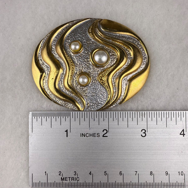 Vintage HR Gold & Silver Oval Belt Buckle With Pearl Accents