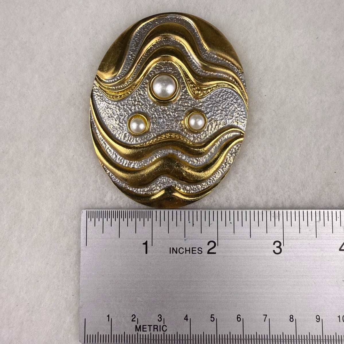 Vintage HR Gold & Silver Oval Belt Buckle With Pearl Accents