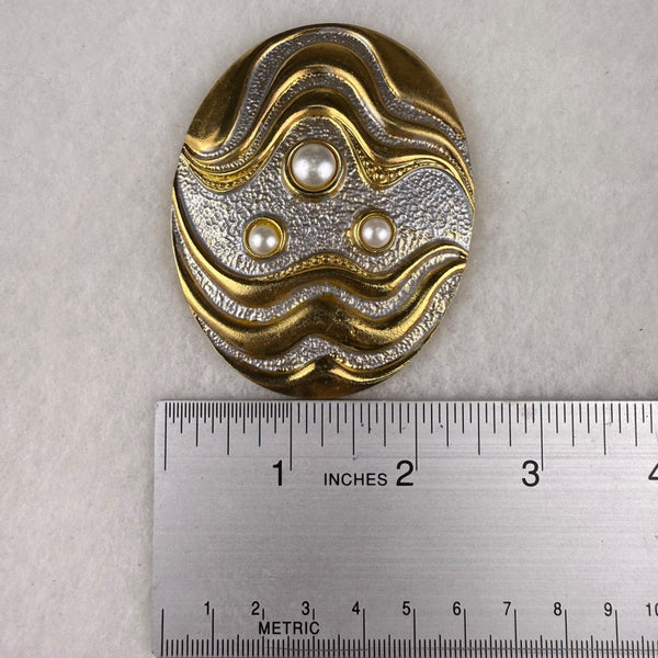 Vintage HR Gold & Silver Oval Belt Buckle With Pearl Accents