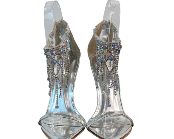 PrettyLittleThing Silver Rhinestone Embellished High Heels Sz UK 4 / USA 6- New