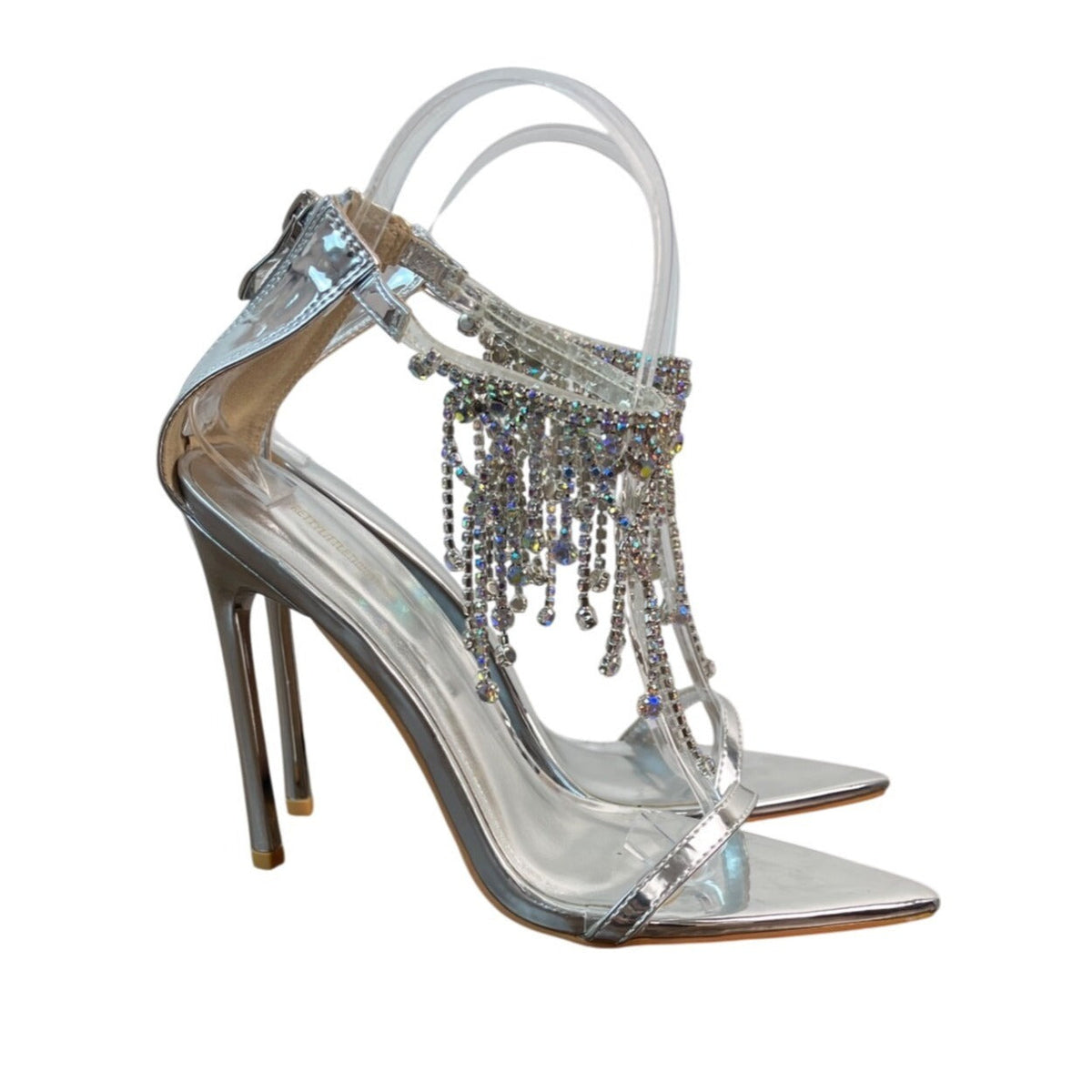 PrettyLittleThing Silver Rhinestone Embellished High Heels Sz UK 4 / USA 6- New