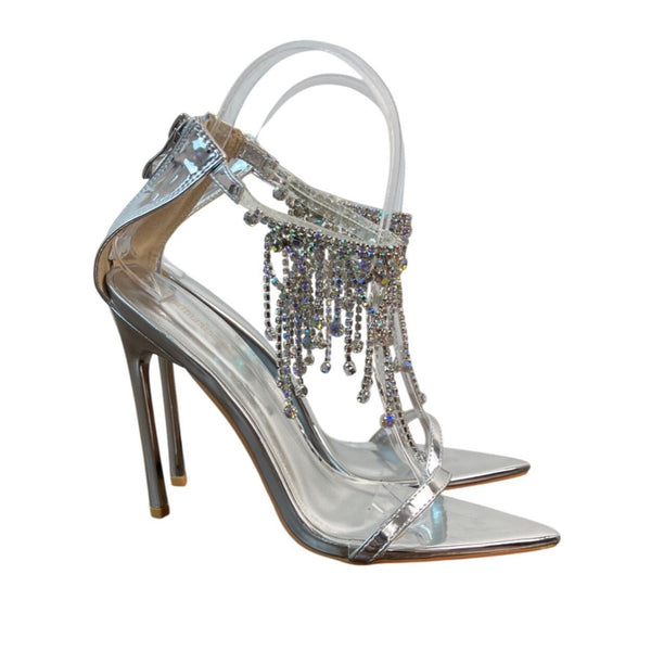PrettyLittleThing Silver Rhinestone Embellished High Heels Sz UK 4 / USA 6- New