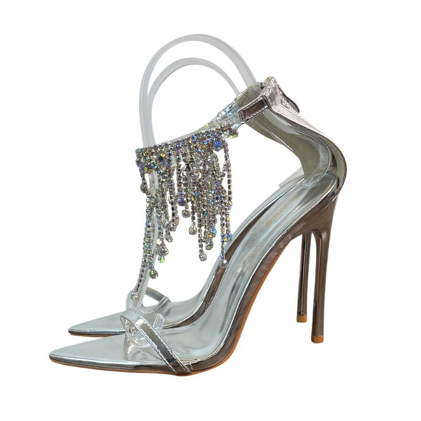 PrettyLittleThing Silver Rhinestone Embellished High Heels Sz UK 4 / USA 6- New