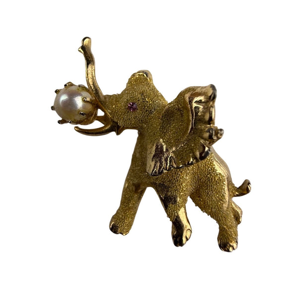Kramer Women’s Gold Tone Elephant Pin Brooch Rhinestone Faux Pearl Small Size