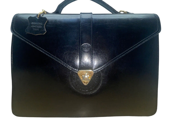 Vintage Casual Corner Black Leather Briefcase With Gold Turn Lock & Top Handle