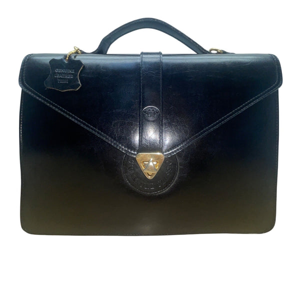 Vintage Casual Corner Black Leather Briefcase With Gold Turn Lock & Top Handle
