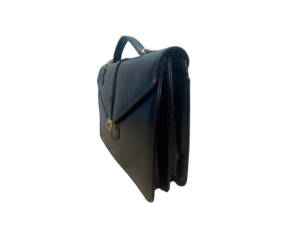 Vintage Casual Corner Black Leather Briefcase With Gold Turn Lock & Top Handle