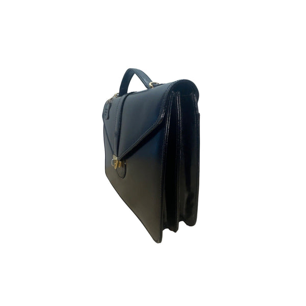 Vintage Casual Corner Black Leather Briefcase With Gold Turn Lock & Top Handle