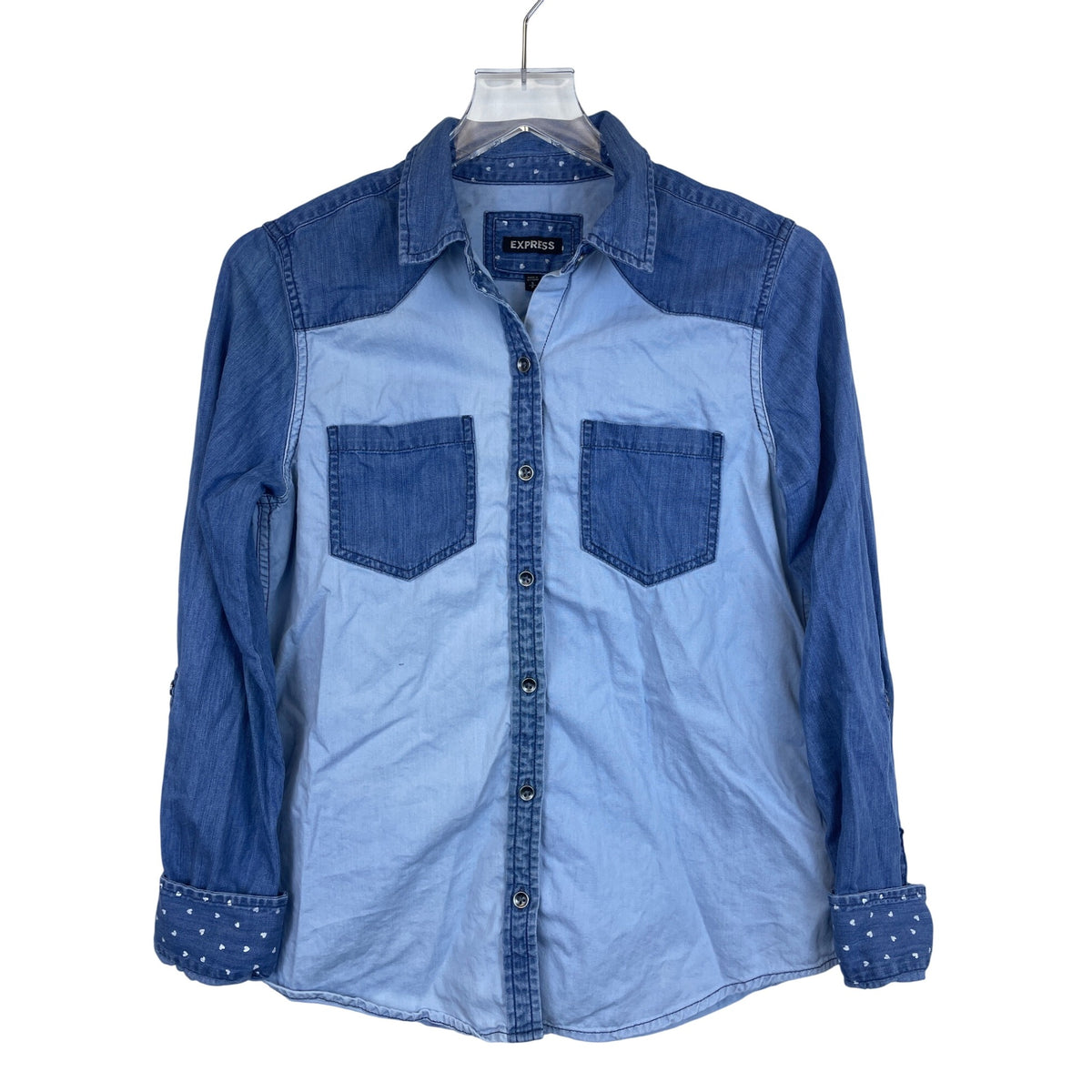 Express Womens Blue Denim Button-Up Shirt Polka Dot Accents Long Sleeve Size S