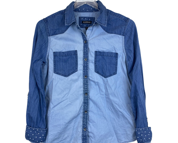 Express Womens Blue Denim Button-Up Shirt Polka Dot Accents Long Sleeve Size S