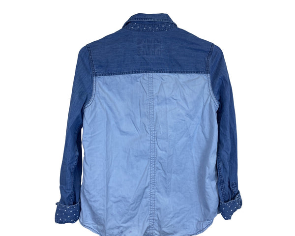 Express Womens Blue Denim Button-Up Shirt Polka Dot Accents Long Sleeve Size S