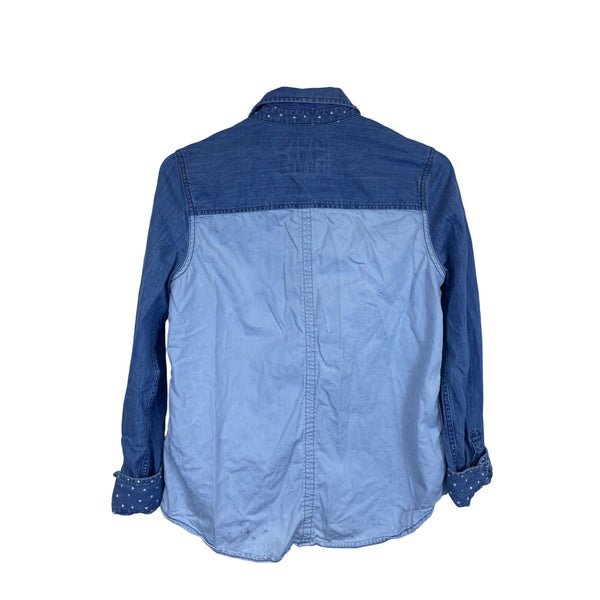 Express Womens Blue Denim Button-Up Shirt Polka Dot Accents Long Sleeve Size S
