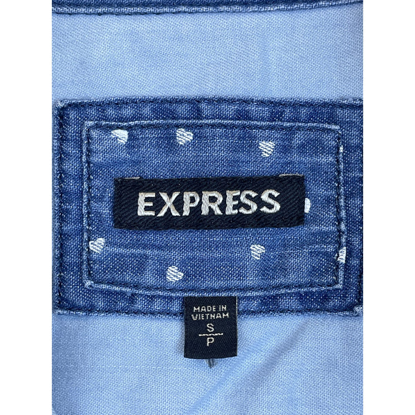 Express Womens Blue Denim Button-Up Shirt Polka Dot Accents Long Sleeve Size S