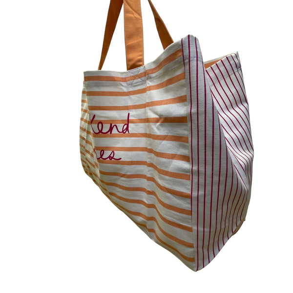 Loft Women’s Orange/White Striped Weekend Vibes Canvas Tote Bag Size XL