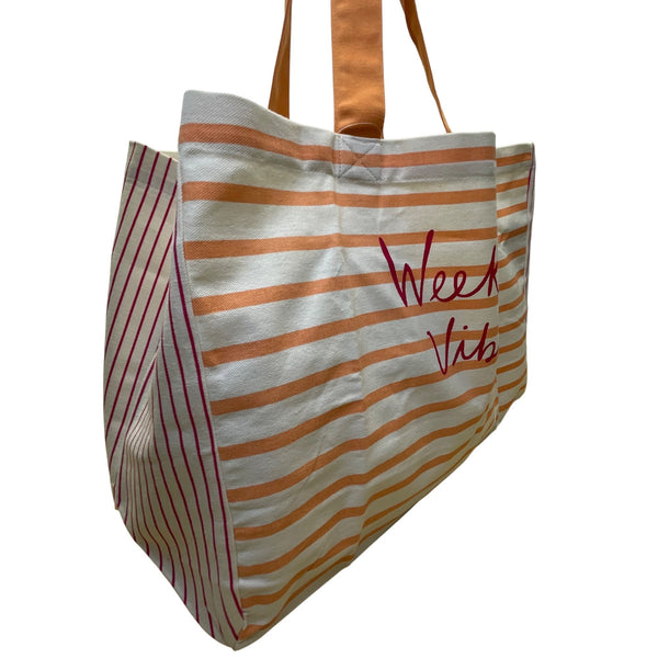 Loft Women’s Orange/White Striped Weekend Vibes Canvas Tote Bag Size XL