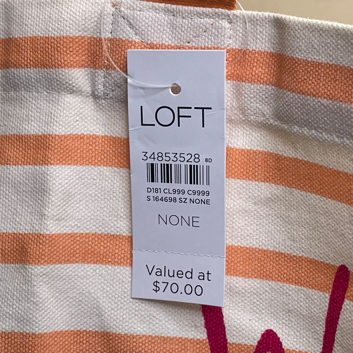 Loft Women’s Orange/White Striped Weekend Vibes Canvas Tote Bag Size XL