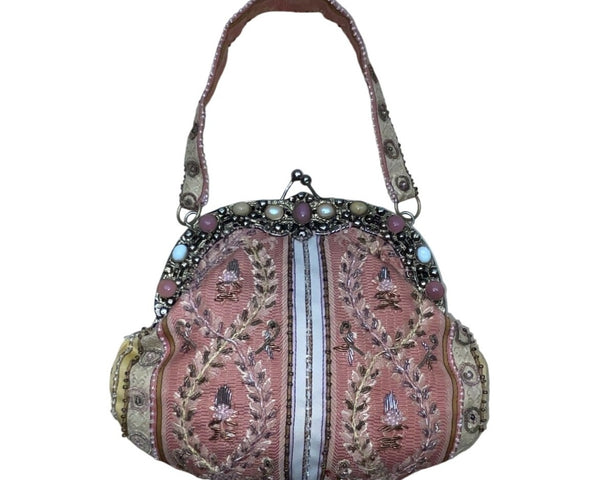 Vintage Christiana Pink Satin Lining Beaded Embroidered Metal Frame Handbag Sz S